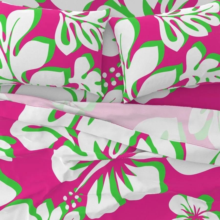 Preppy Surfer Girl Pink , Lime Green and White Hawaiian and Hibiscus Flowers Sheet Set from Surfer Bedding™️ Large Scale