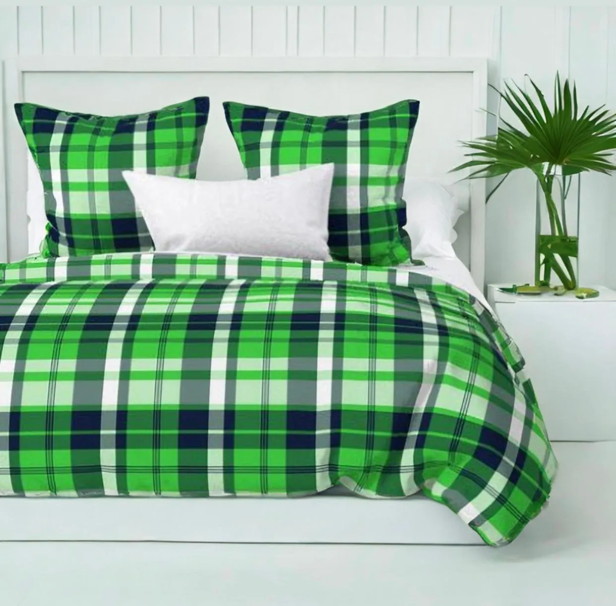 Preppy Surfer Navy Blue and Lime Green Plaid Duvet Cover