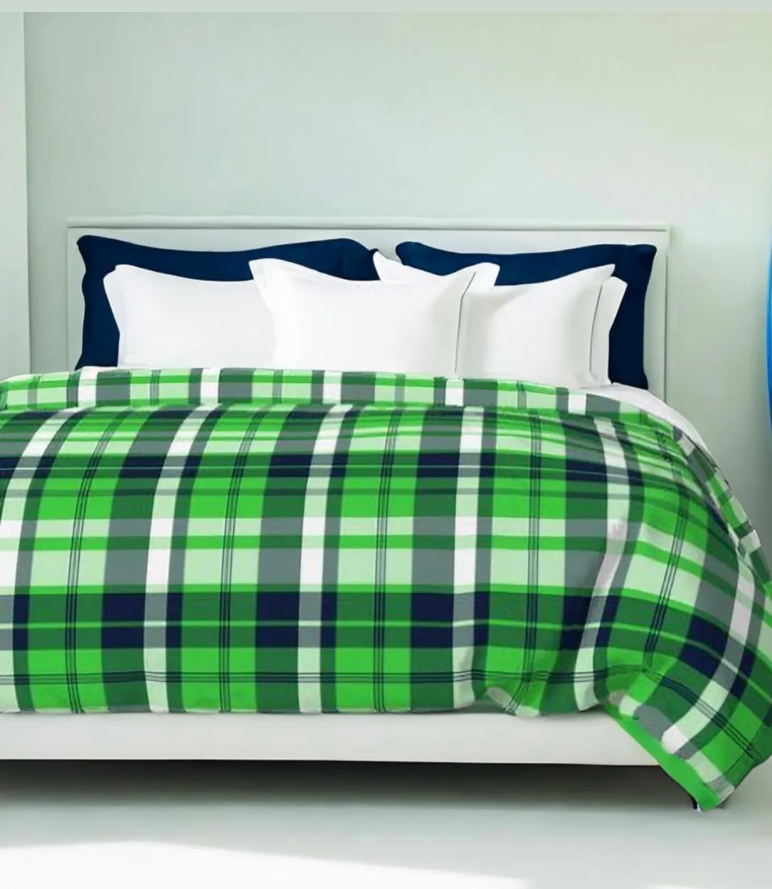 Preppy Surfer Navy Blue and Lime Green Plaid Duvet Cover