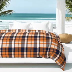 Preppy Surfer Navy Blue and Orange Plaid Duvet Cover