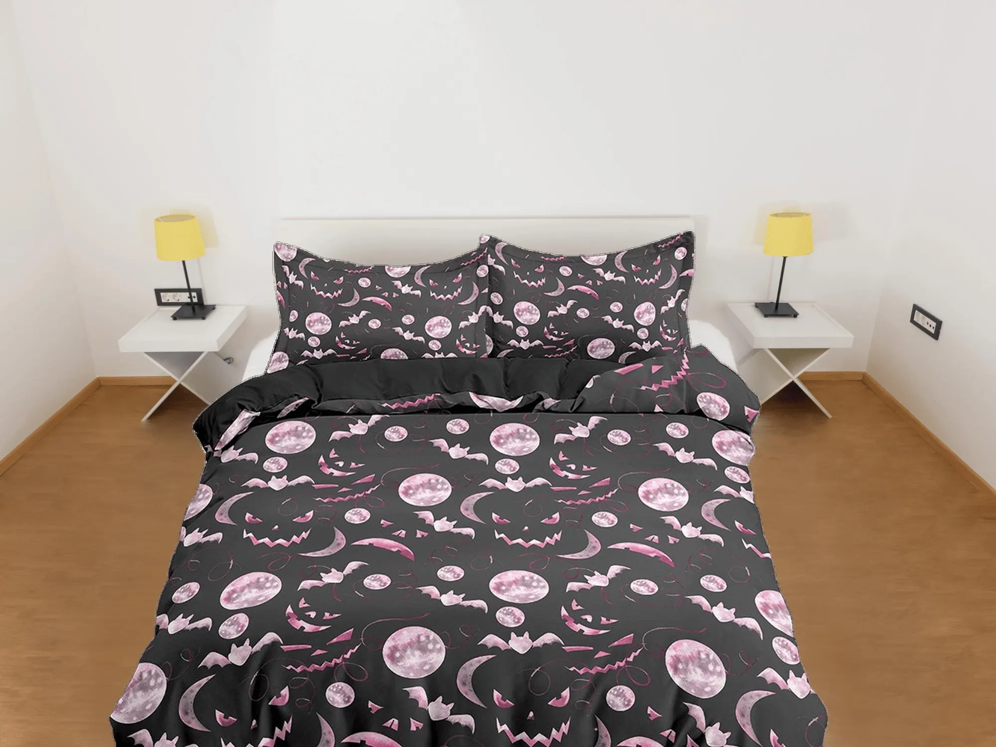 Pumpkin faces and bats pink halloween bedding & pillowcase, black duvet cover set dorm bedding, halloween gift, nursery toddler bedding