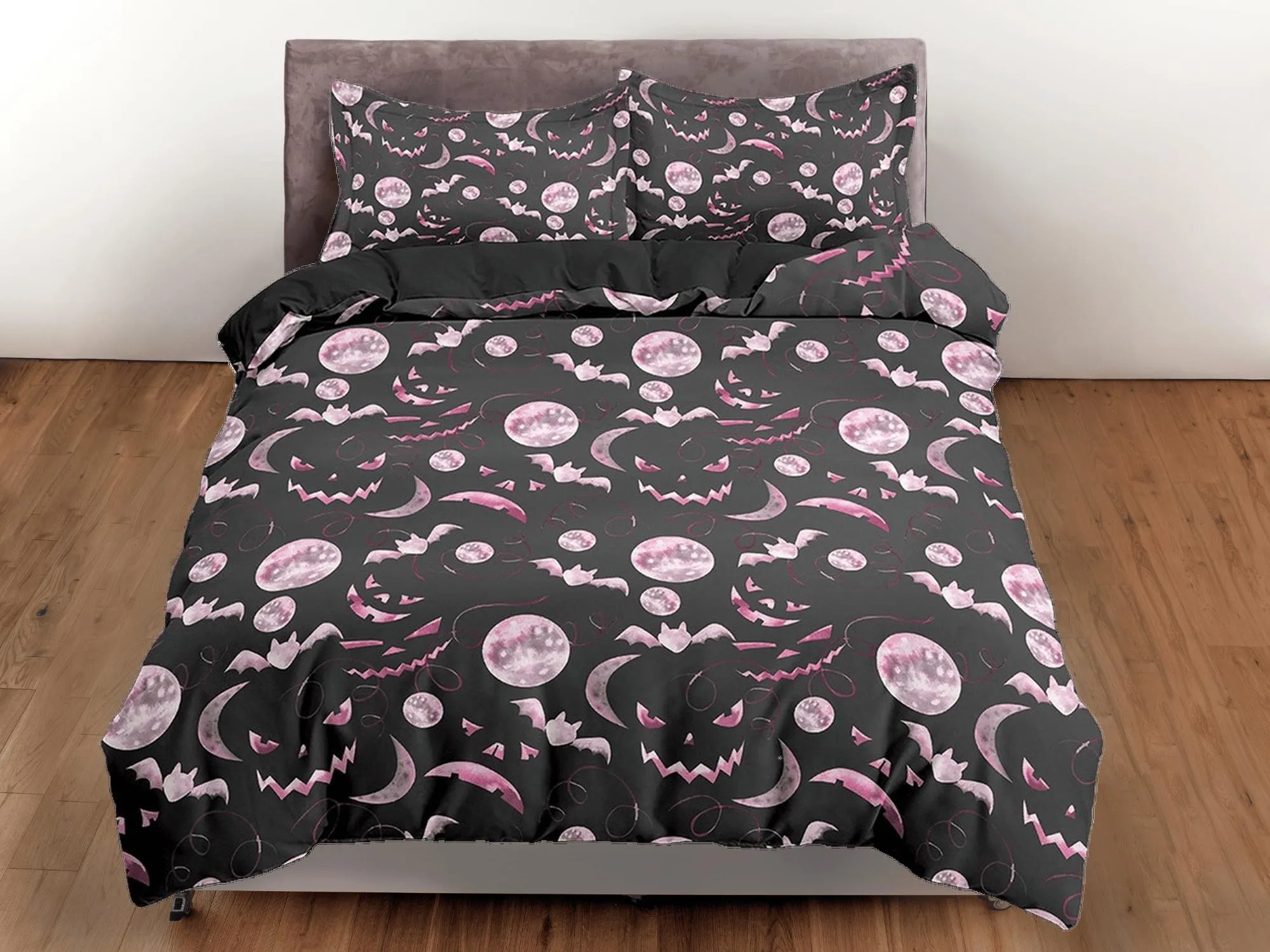 Pumpkin faces and bats pink halloween bedding & pillowcase, black duvet cover set dorm bedding, halloween gift, nursery toddler bedding