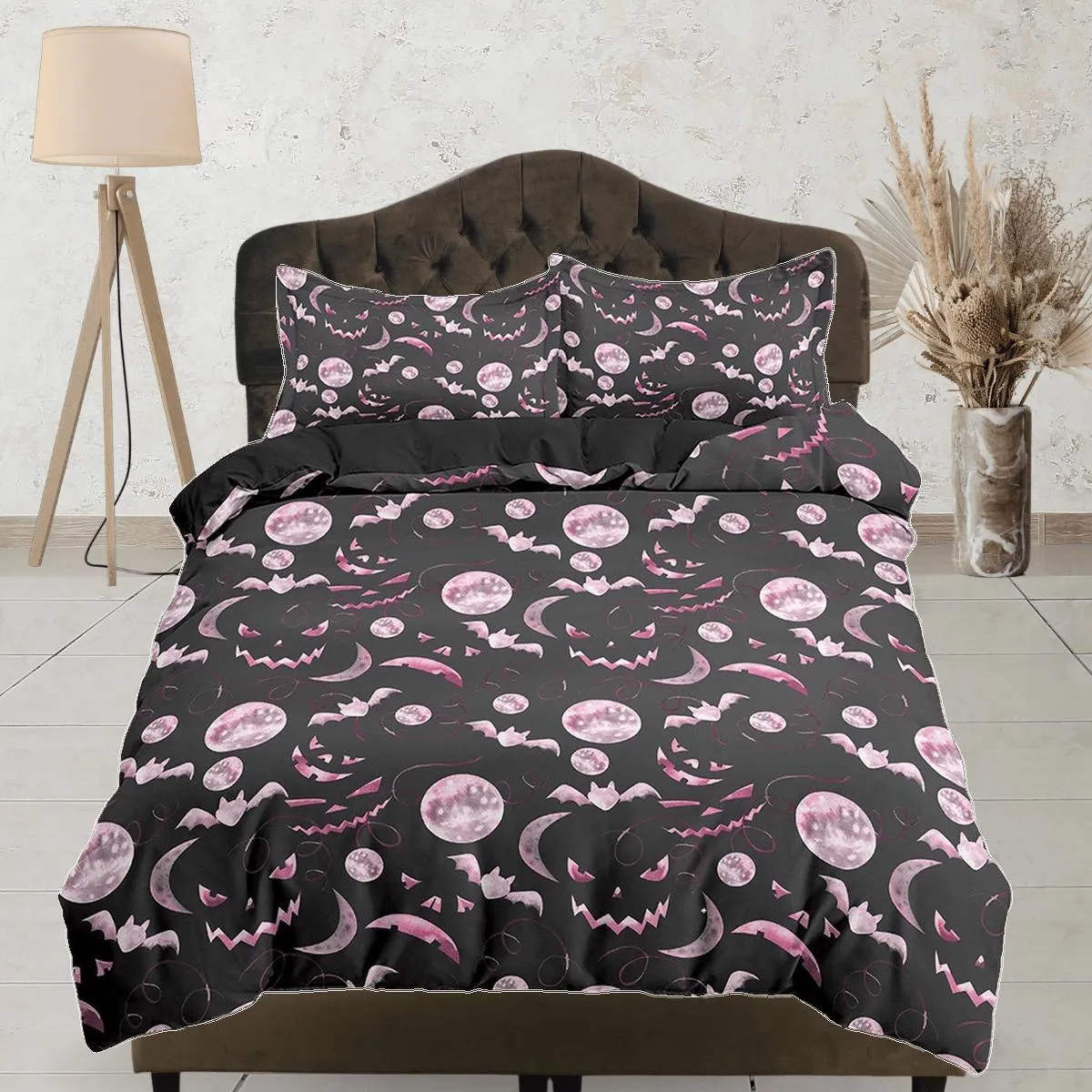 Pumpkin faces and bats pink halloween bedding & pillowcase, black duvet cover set dorm bedding, halloween gift, nursery toddler bedding