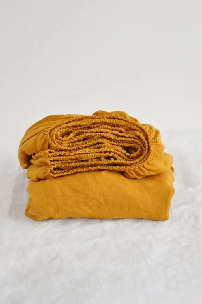 Pure Linen Fitted Sheet with Pillow Covers | 3 Pc Set |Golden Yellow