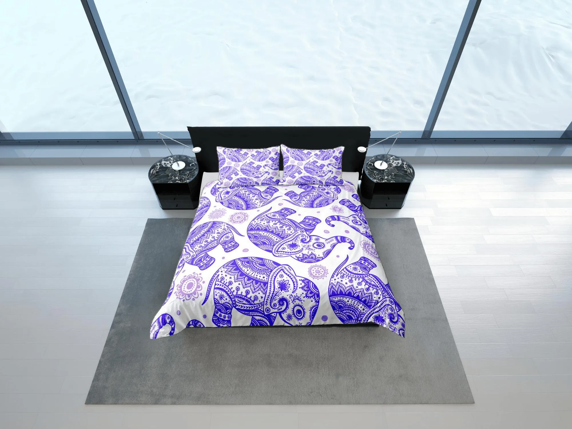 Purple Elephant Duvet Cover Set Boho Bedding, Bohemian Dorm Bedding with Pillowcase