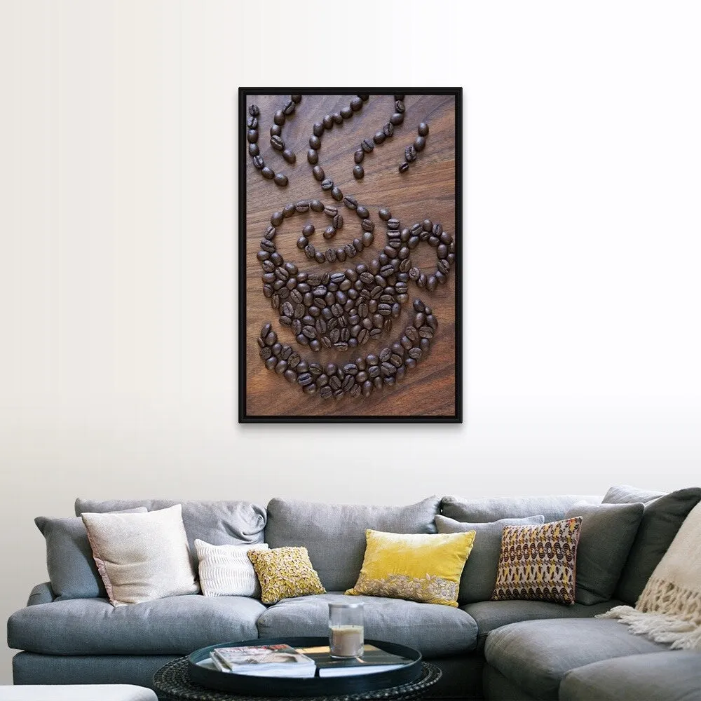 "A cup of coffee illustrated using coffee beans" Black Float Frame Canvas Art