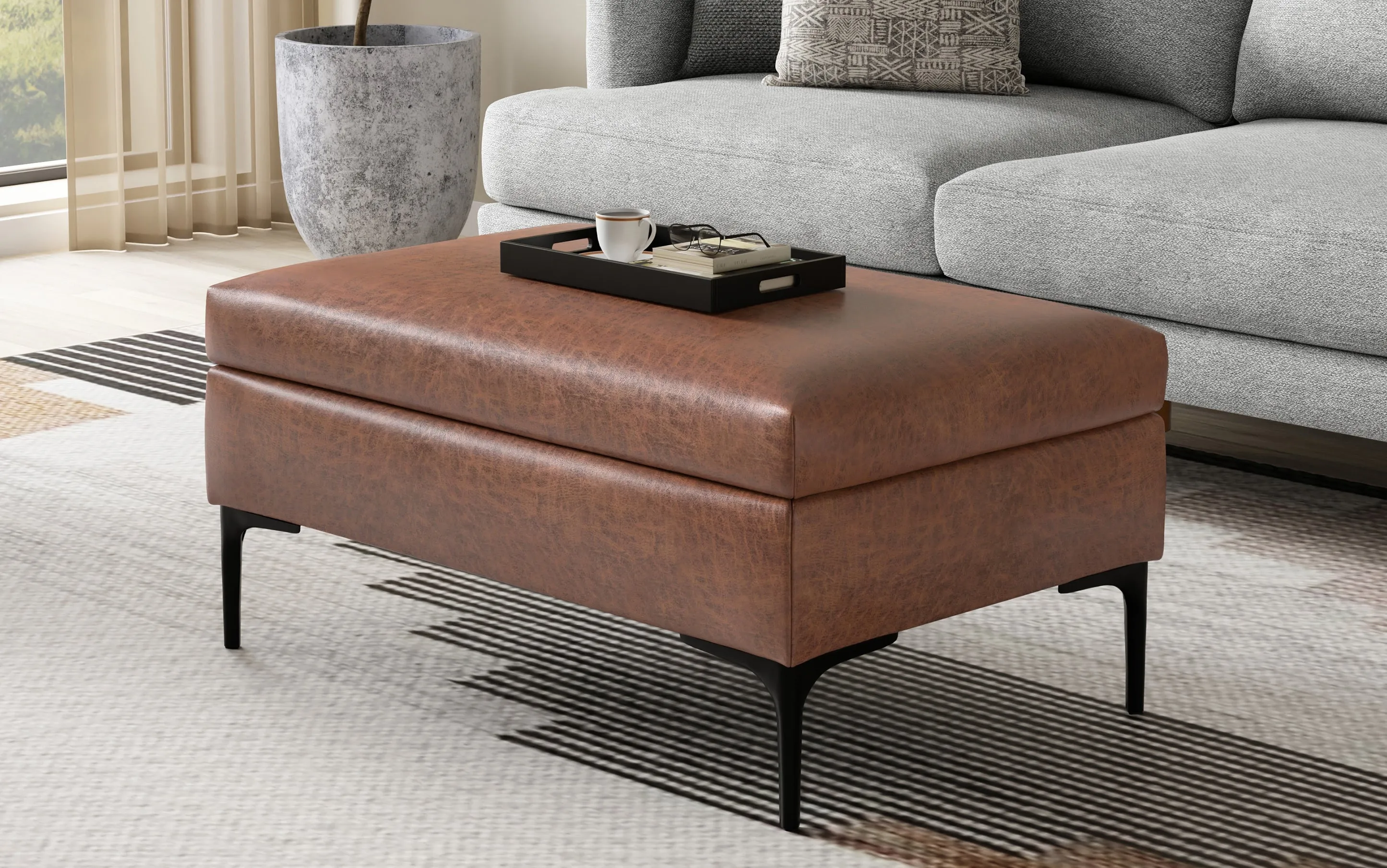 Rebecca Rectangular Coffee Table Storage Ottoman with Lift Up in Distressed Vegan Leather