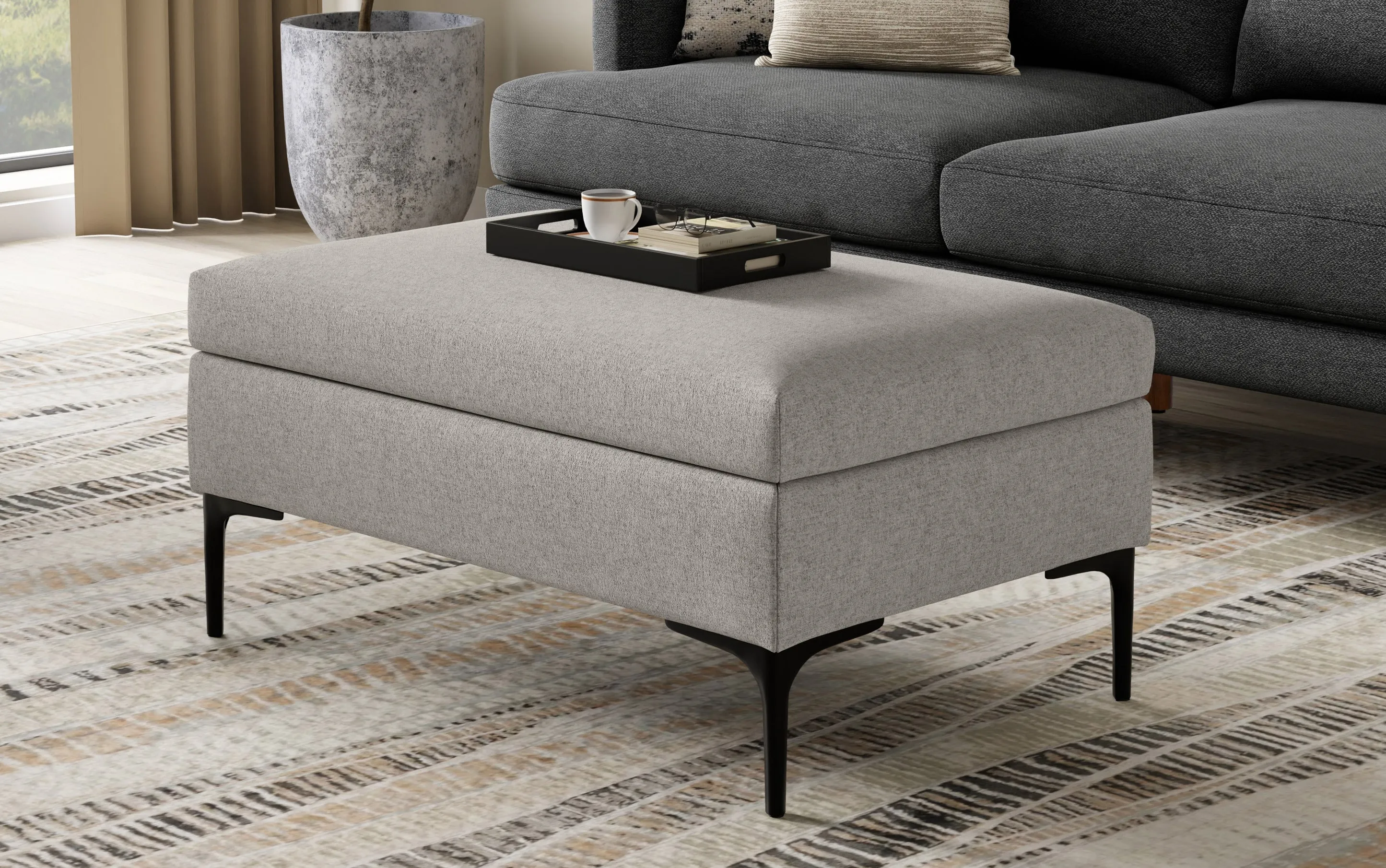 Rebecca Rectangular Coffee Table Storage Ottoman with Lift Up Lid in Linen Style Fabric