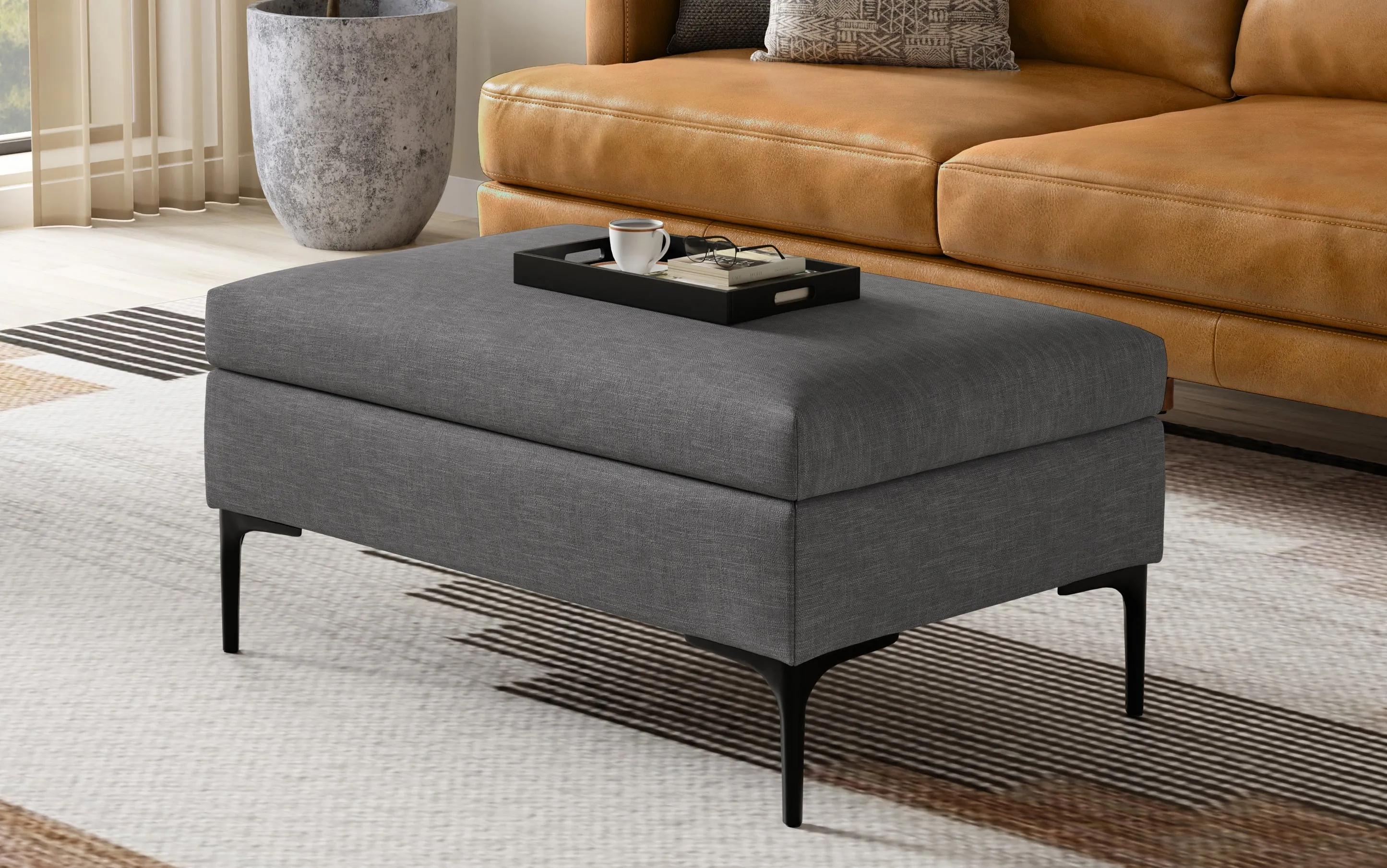 Rebecca Rectangular Coffee Table Storage Ottoman with Lift Up Lid in Linen Style Fabric