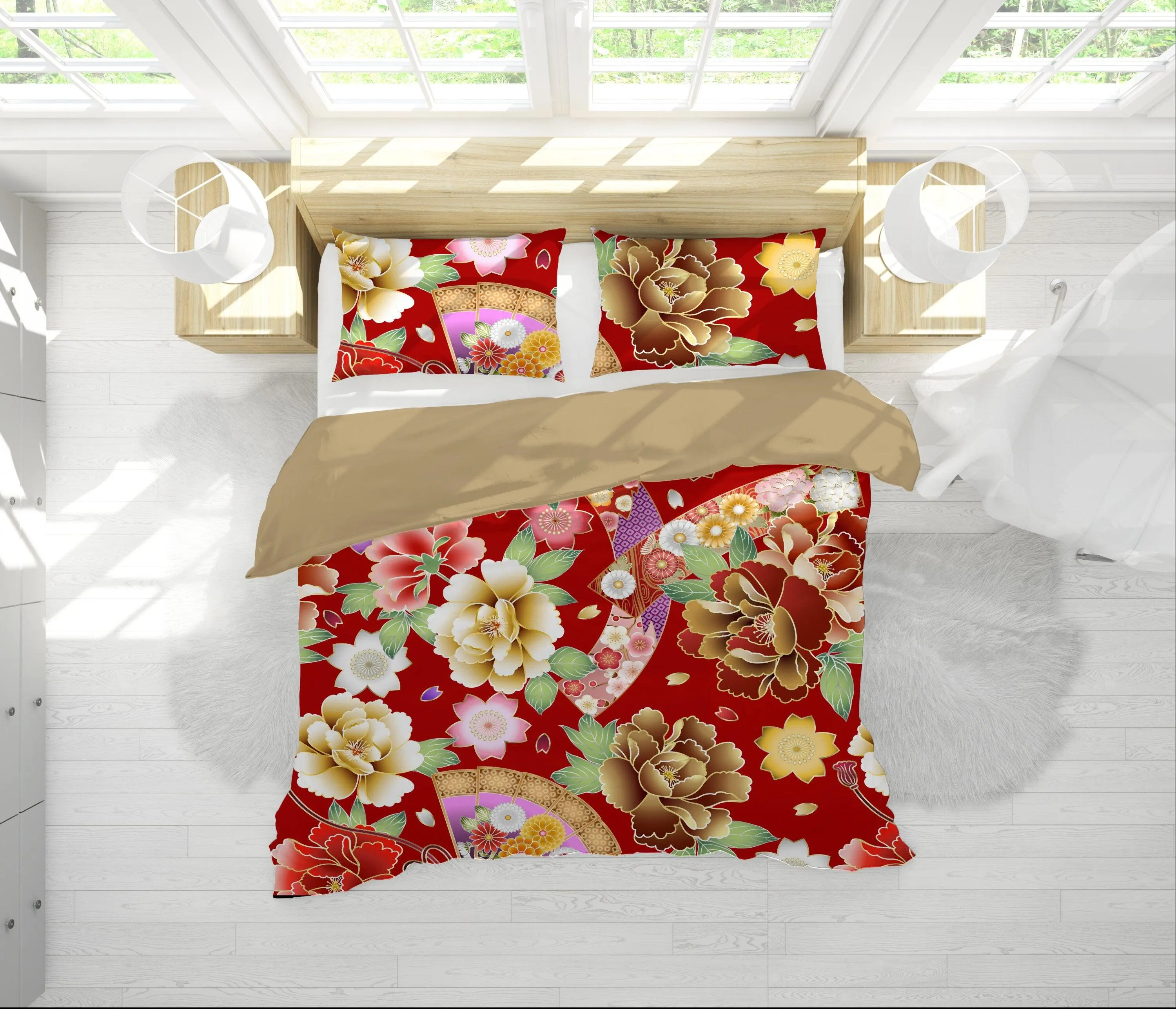 Red Duvet Cover Full Set | Comforter Cover Set with Japanese Kimono Floral Prints