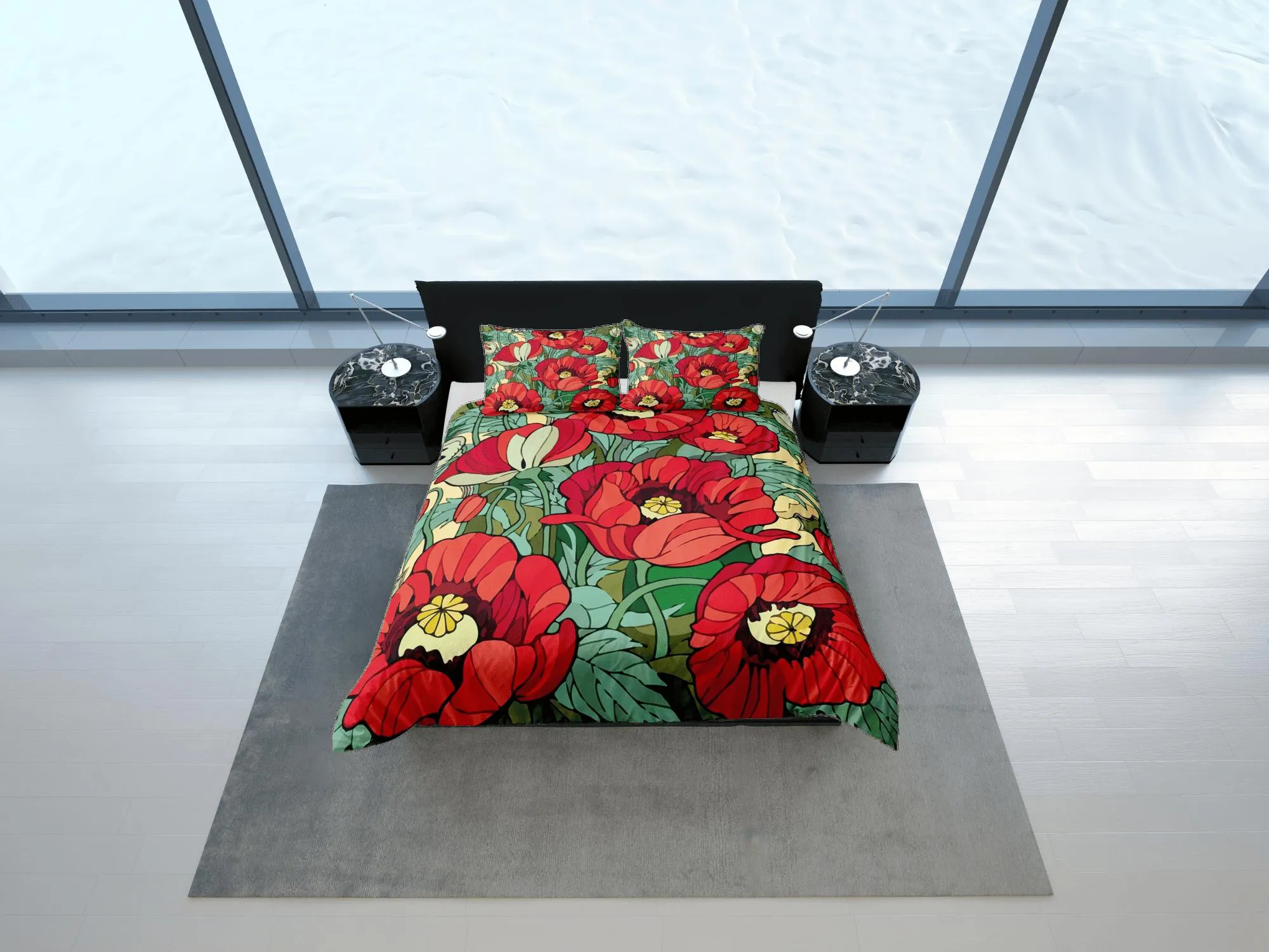 Red poppies green duvet cover floral bedding, teen girl bedroom, baby girl crib bedding boho maximalist bedspread aesthetic bedding