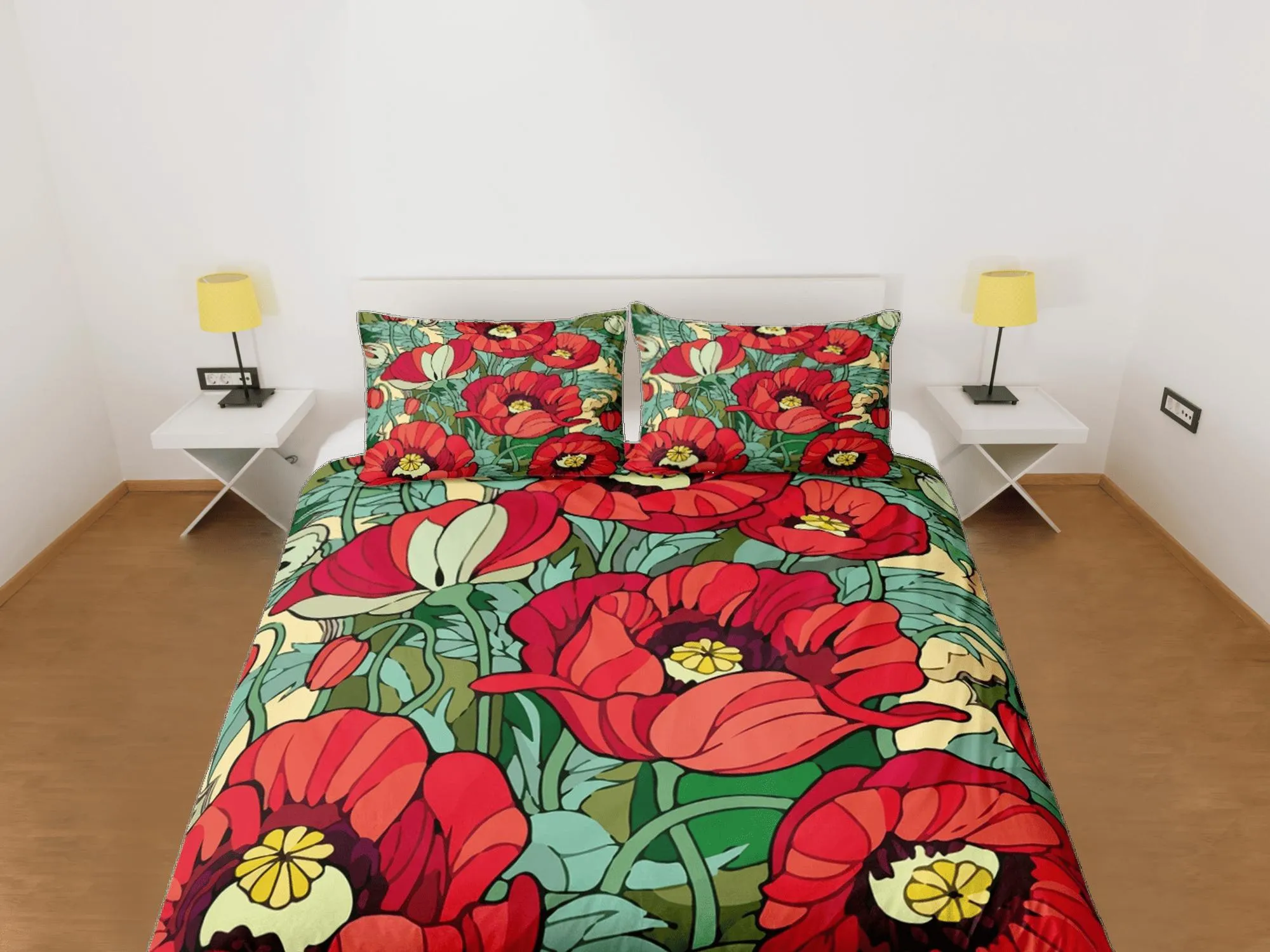 Red poppies green duvet cover floral bedding, teen girl bedroom, baby girl crib bedding boho maximalist bedspread aesthetic bedding