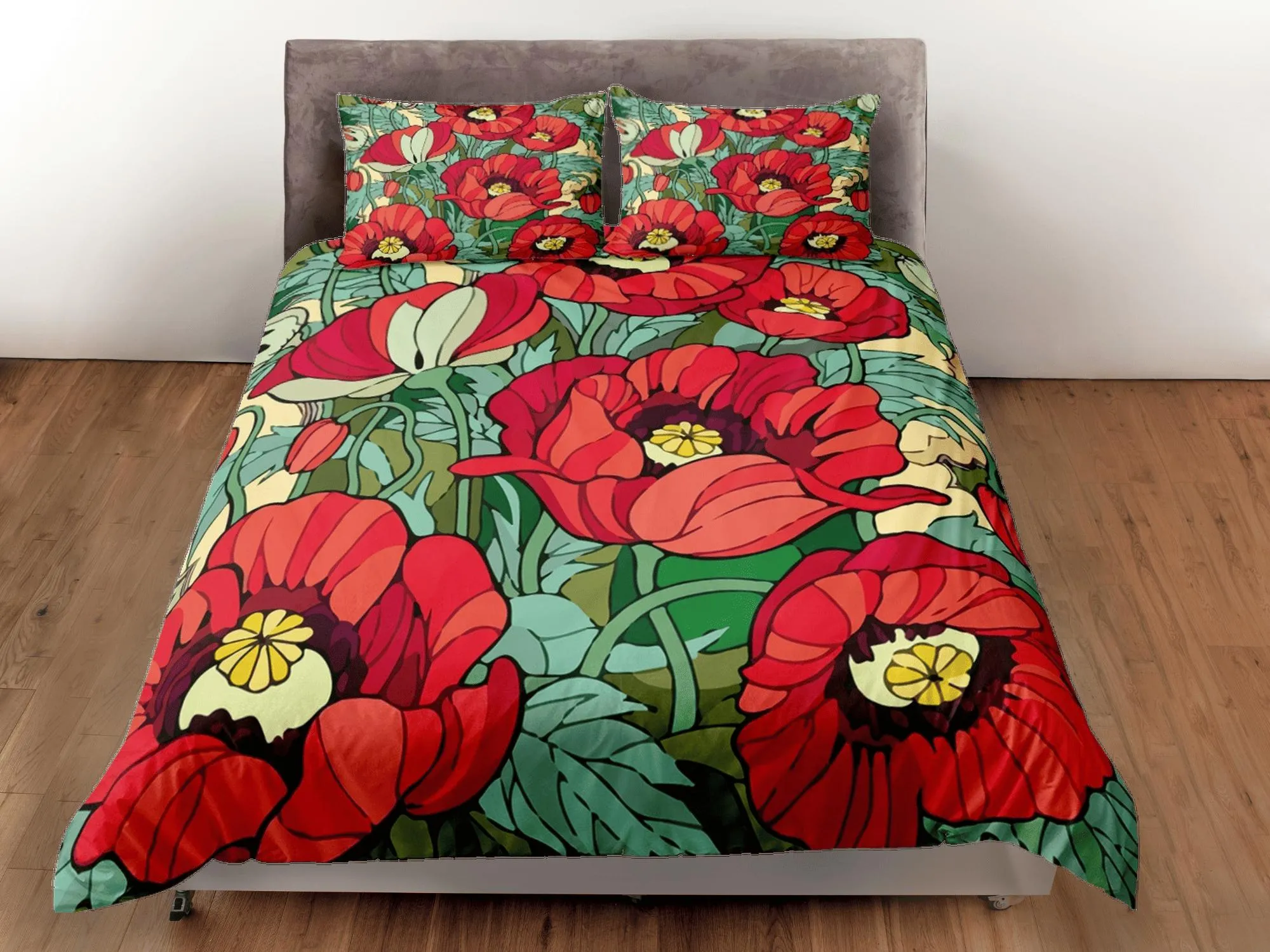 Red poppies green duvet cover floral bedding, teen girl bedroom, baby girl crib bedding boho maximalist bedspread aesthetic bedding