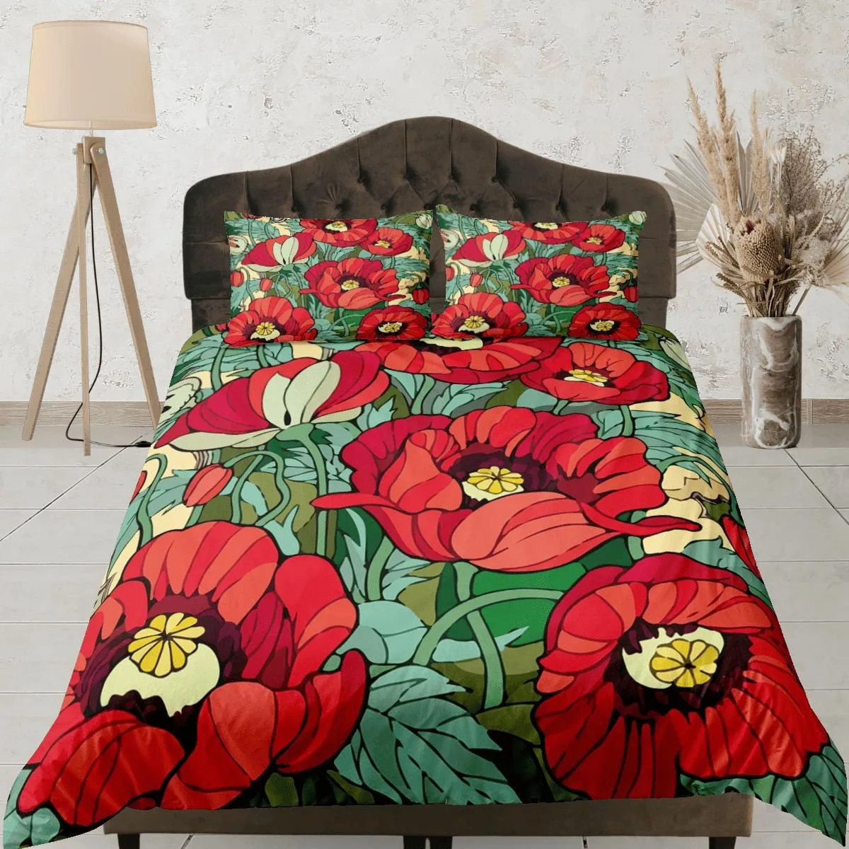 Red poppies green duvet cover floral bedding, teen girl bedroom, baby girl crib bedding boho maximalist bedspread aesthetic bedding