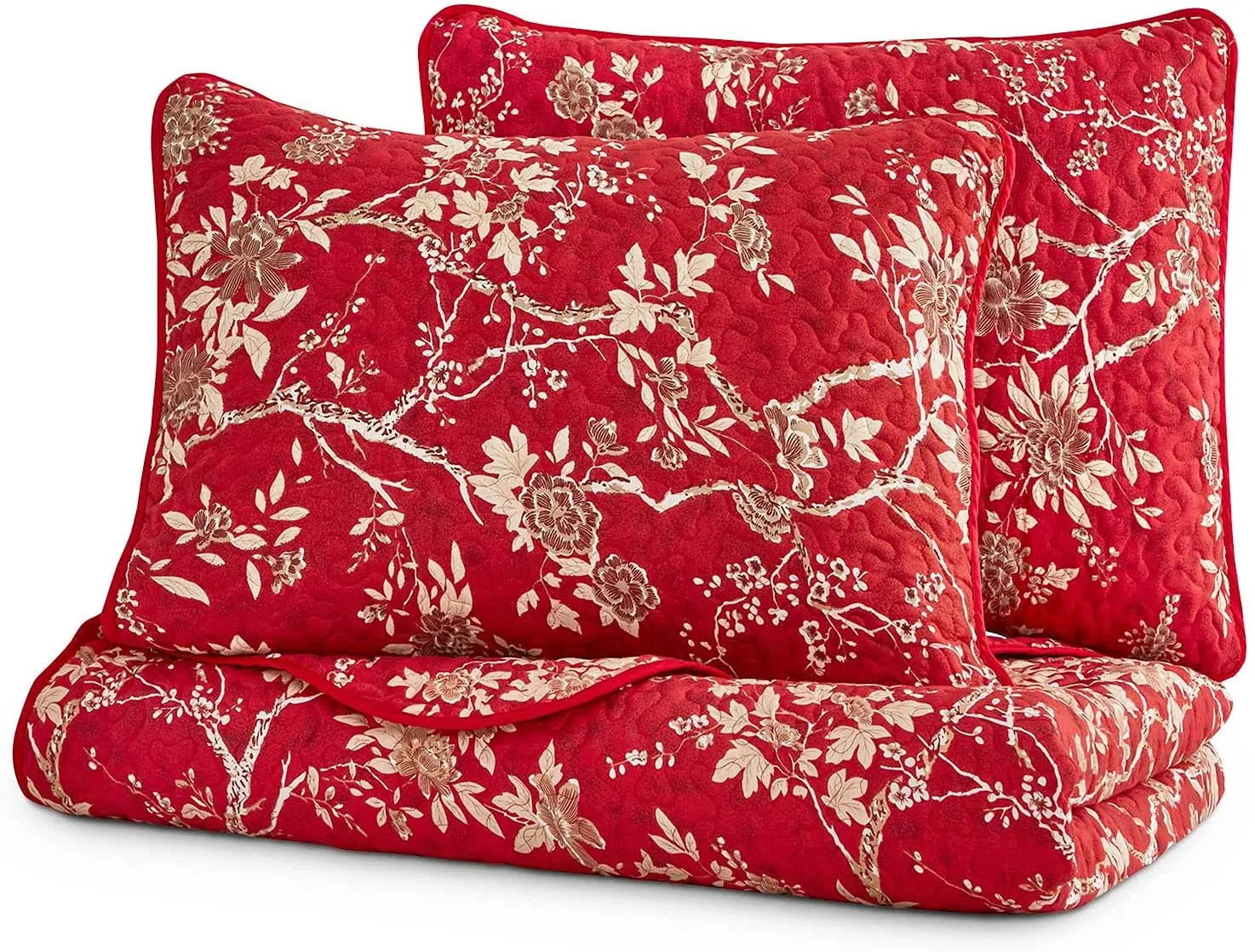 Red Quilt Set, Vintage Floral Flowers Pattern Printed