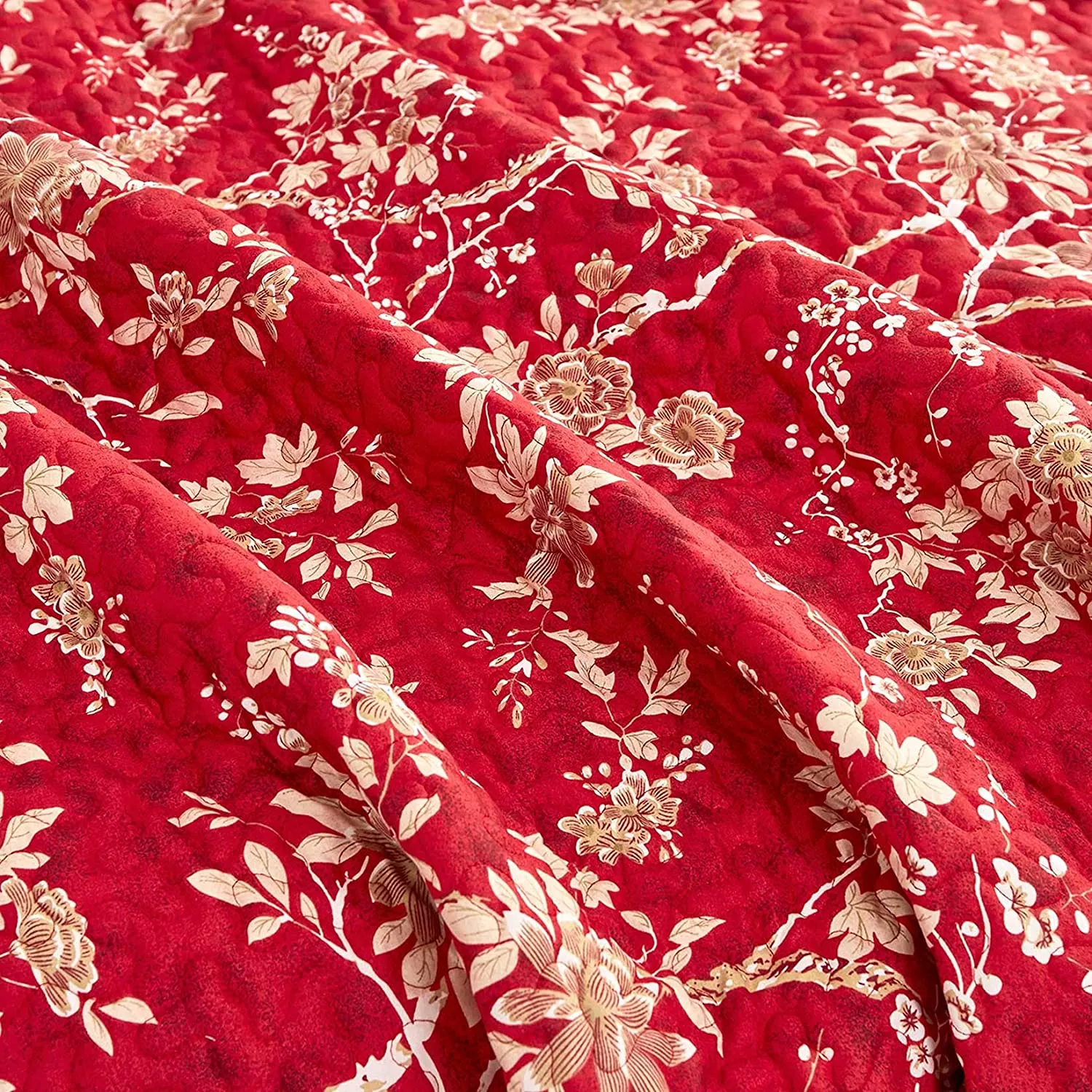 Red Quilt Set, Vintage Floral Flowers Pattern Printed