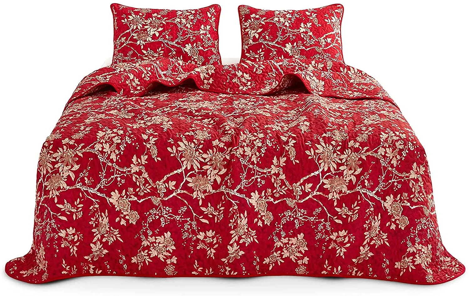 Red Quilt Set, Vintage Floral Flowers Pattern Printed