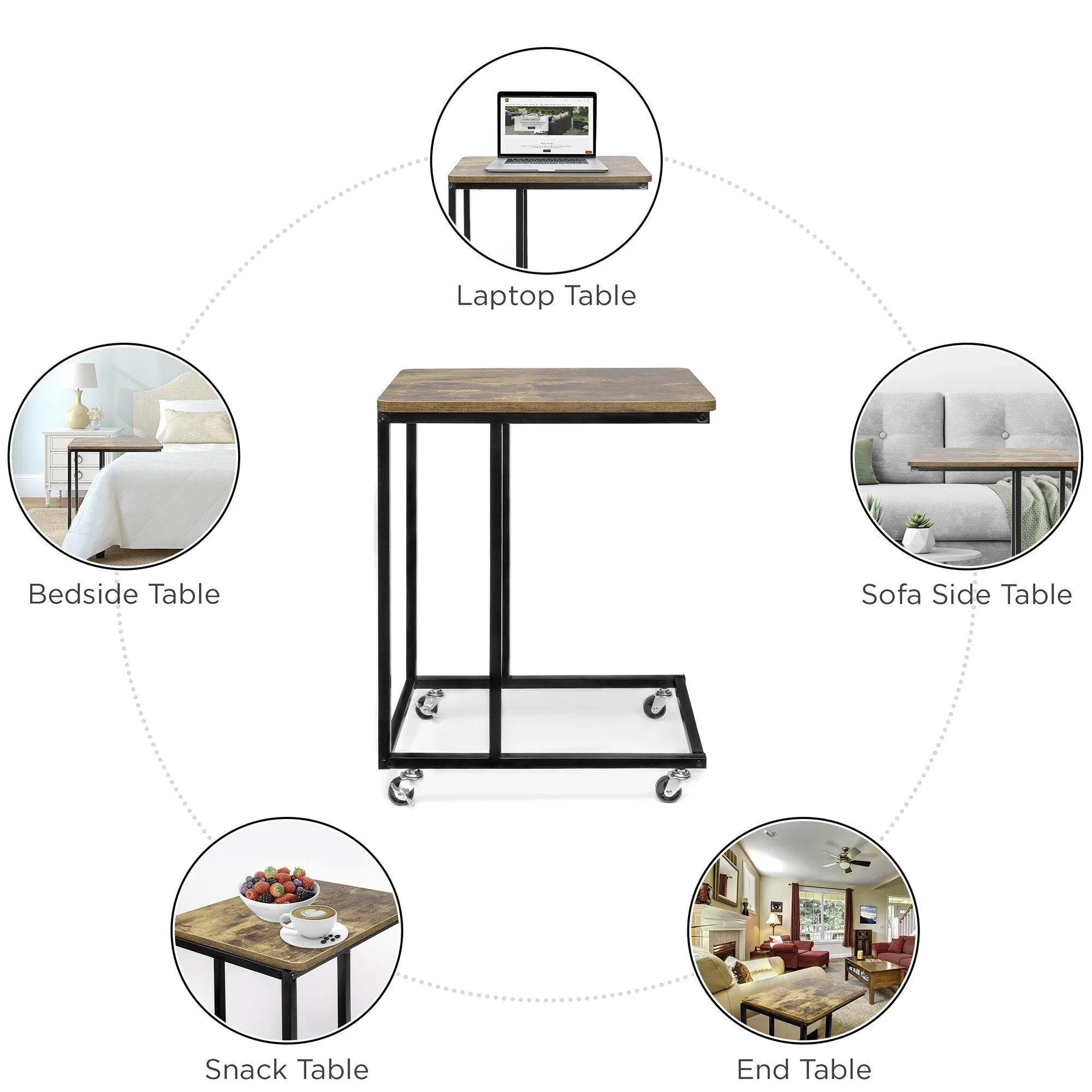 Rolling End Side C-Table for Laptop, Meals, Drinks, w/ Wheels