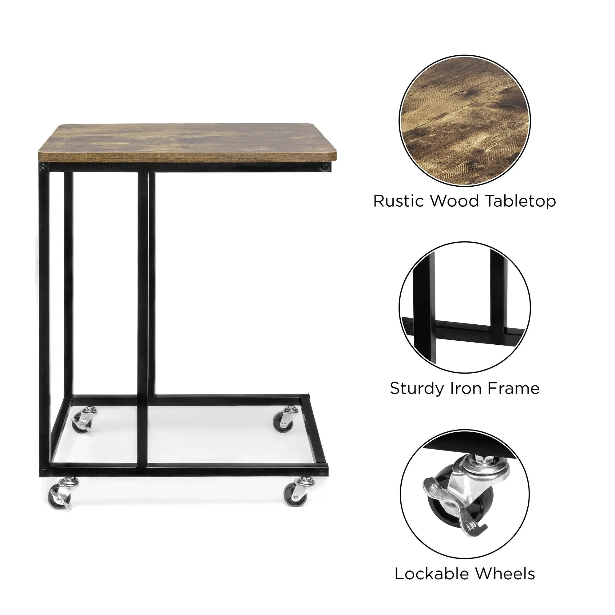 Rolling End Side C-Table for Laptop, Meals, Drinks, w/ Wheels