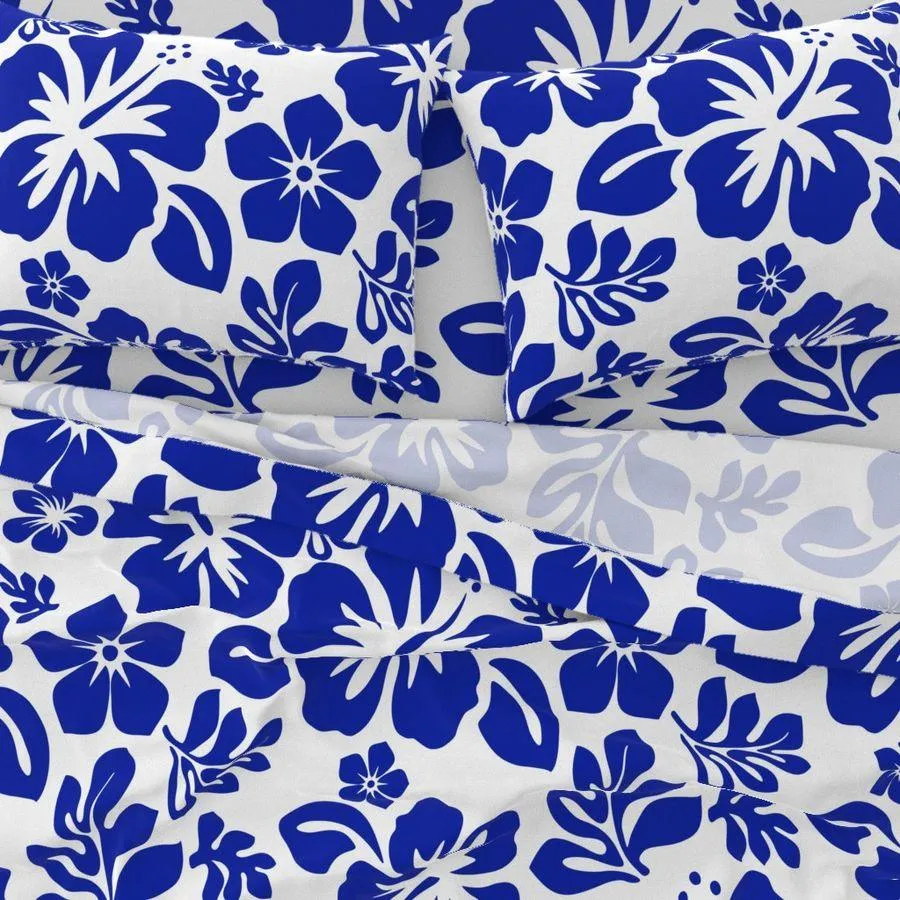 Royal Blue Hawaiian Flowers on White Sheet Set from Surfer Bedding™️ Medium Scale