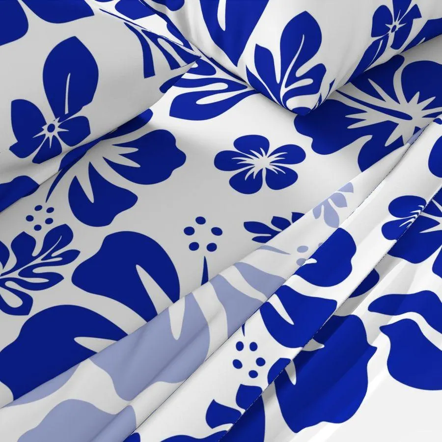 Royal Blue Hawaiian Flowers on White Sheet Set from Surfer Bedding™️ Medium Scale