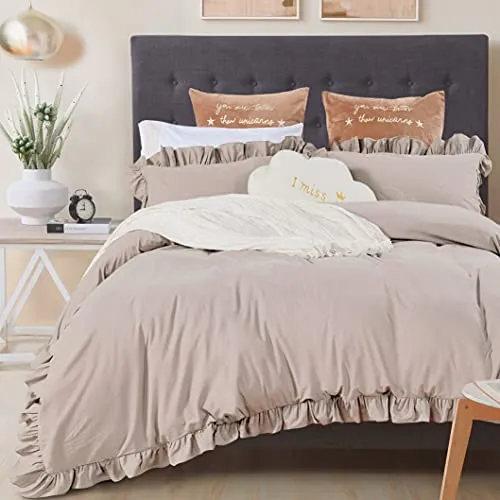 Ruffle Duvet Cover Queen 100% Washed Cotton Farmhouse Chic SET