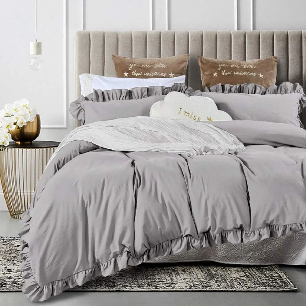 Ruffle Duvet Cover Queen 100% Washed Cotton Farmhouse Chic SET