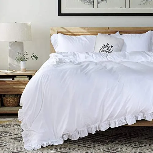 Ruffle Duvet Cover Queen 100% Washed Cotton Farmhouse Chic SET