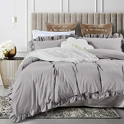 Ruffle Duvet Cover Queen 100% Washed Cotton Farmhouse Chic SET