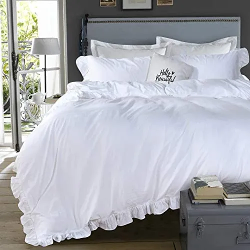 Ruffle Duvet Cover Queen 100% Washed Cotton Farmhouse Chic SET