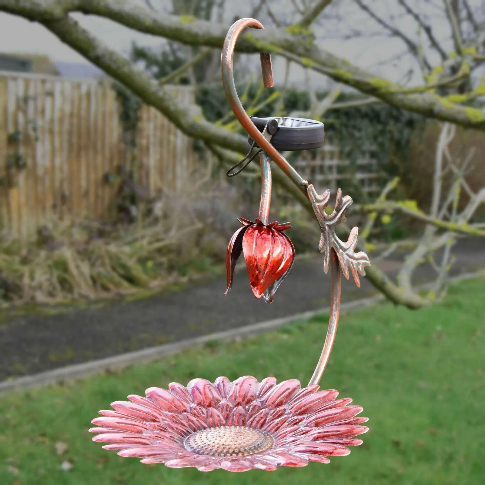 Solar LED Light Red Hanging Metal Bird Feeder