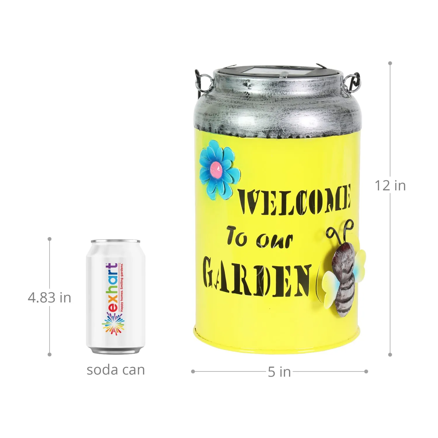 Solar LED Yellow Stamped Metal Garden Pail Decor, 12 Inch