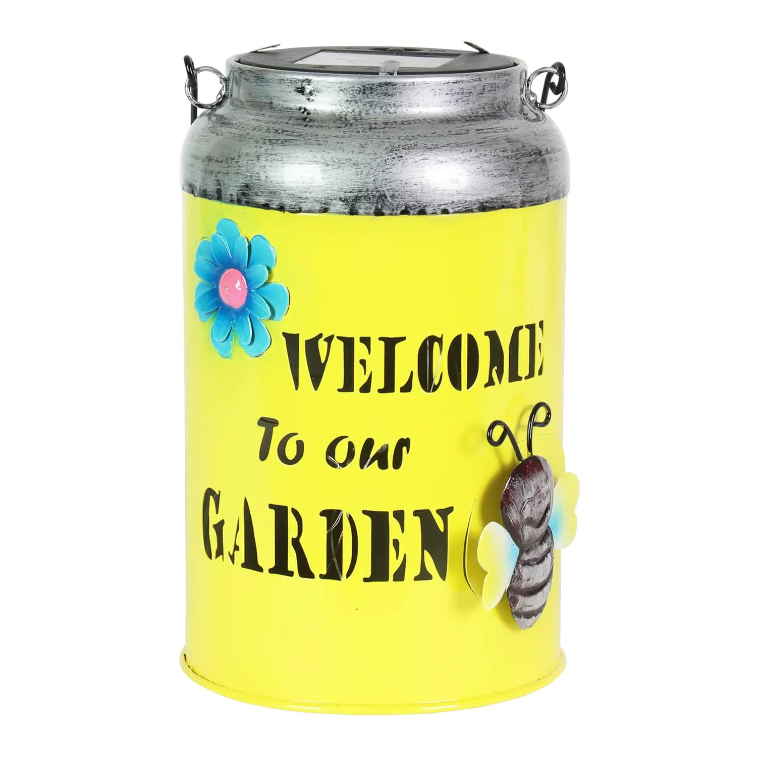 Solar LED Yellow Stamped Metal Garden Pail Decor, 12 Inch