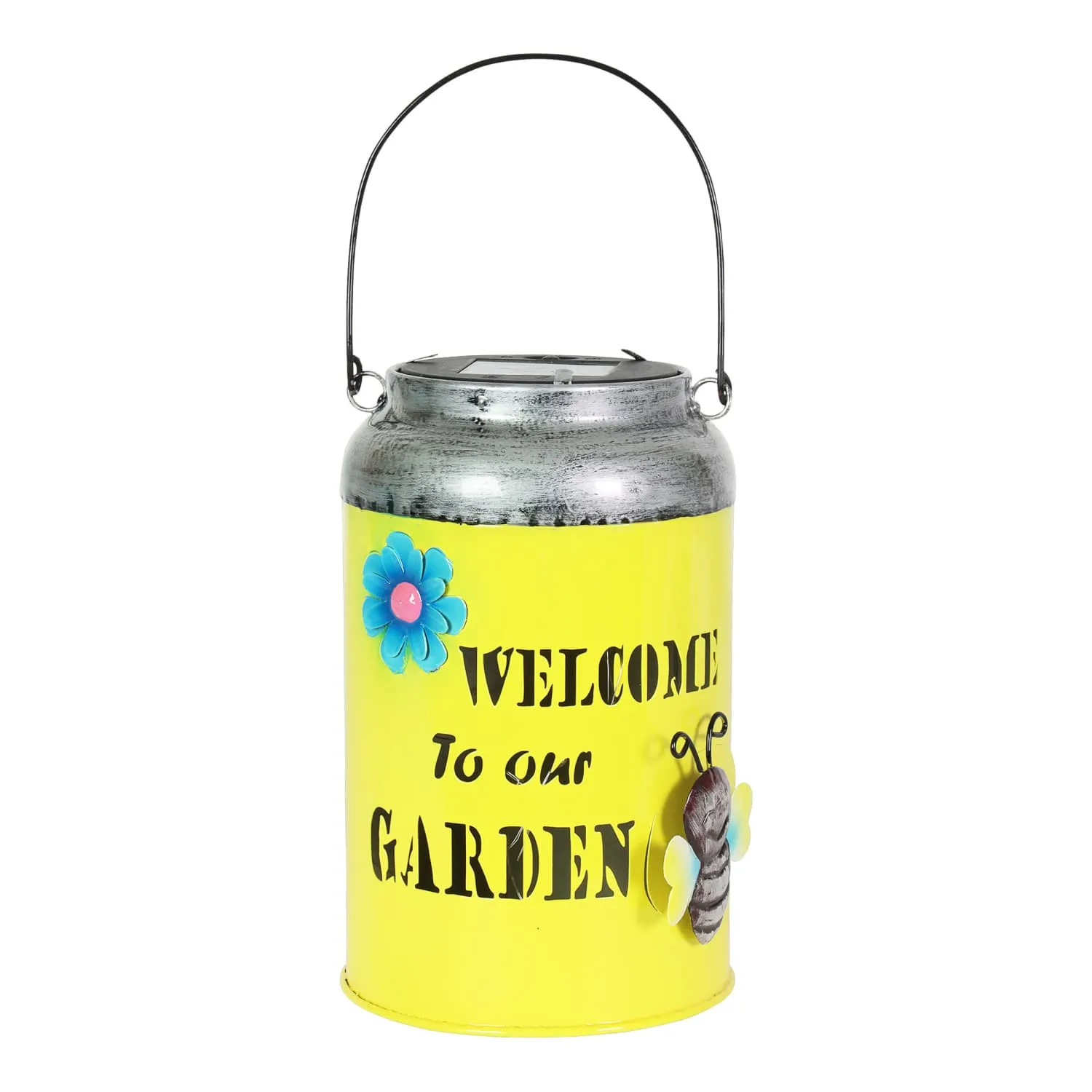 Solar LED Yellow Stamped Metal Garden Pail Decor, 12 Inch