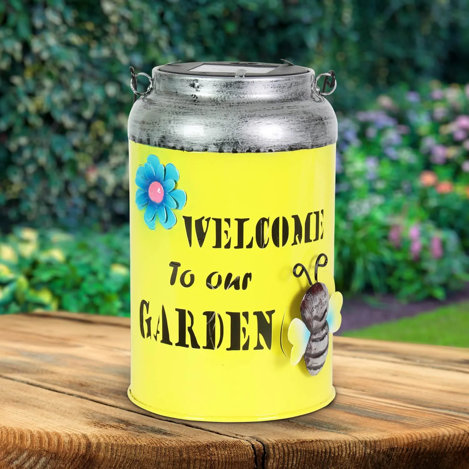 Solar LED Yellow Stamped Metal Garden Pail Decor, 12 Inch