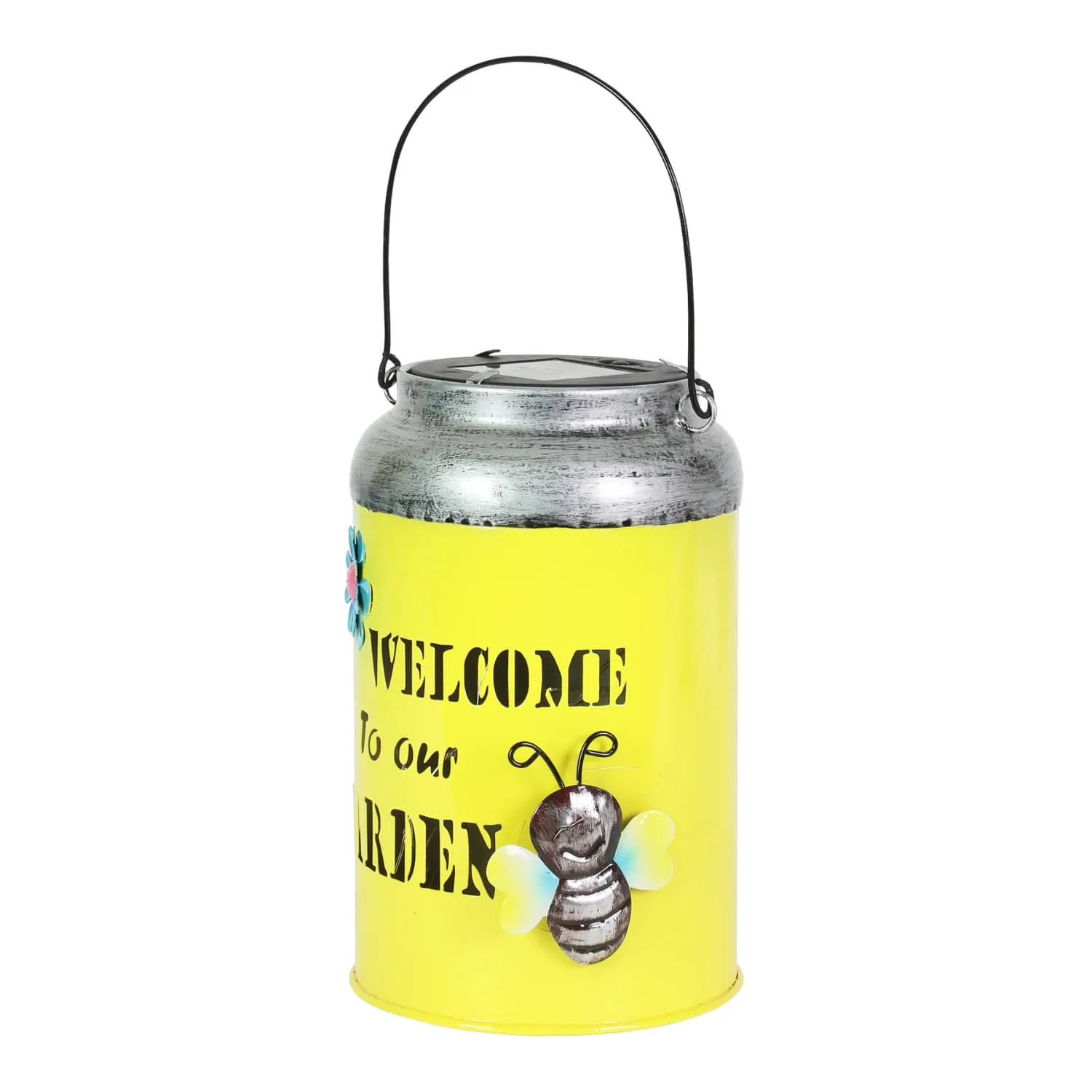 Solar LED Yellow Stamped Metal Garden Pail Decor, 12 Inch