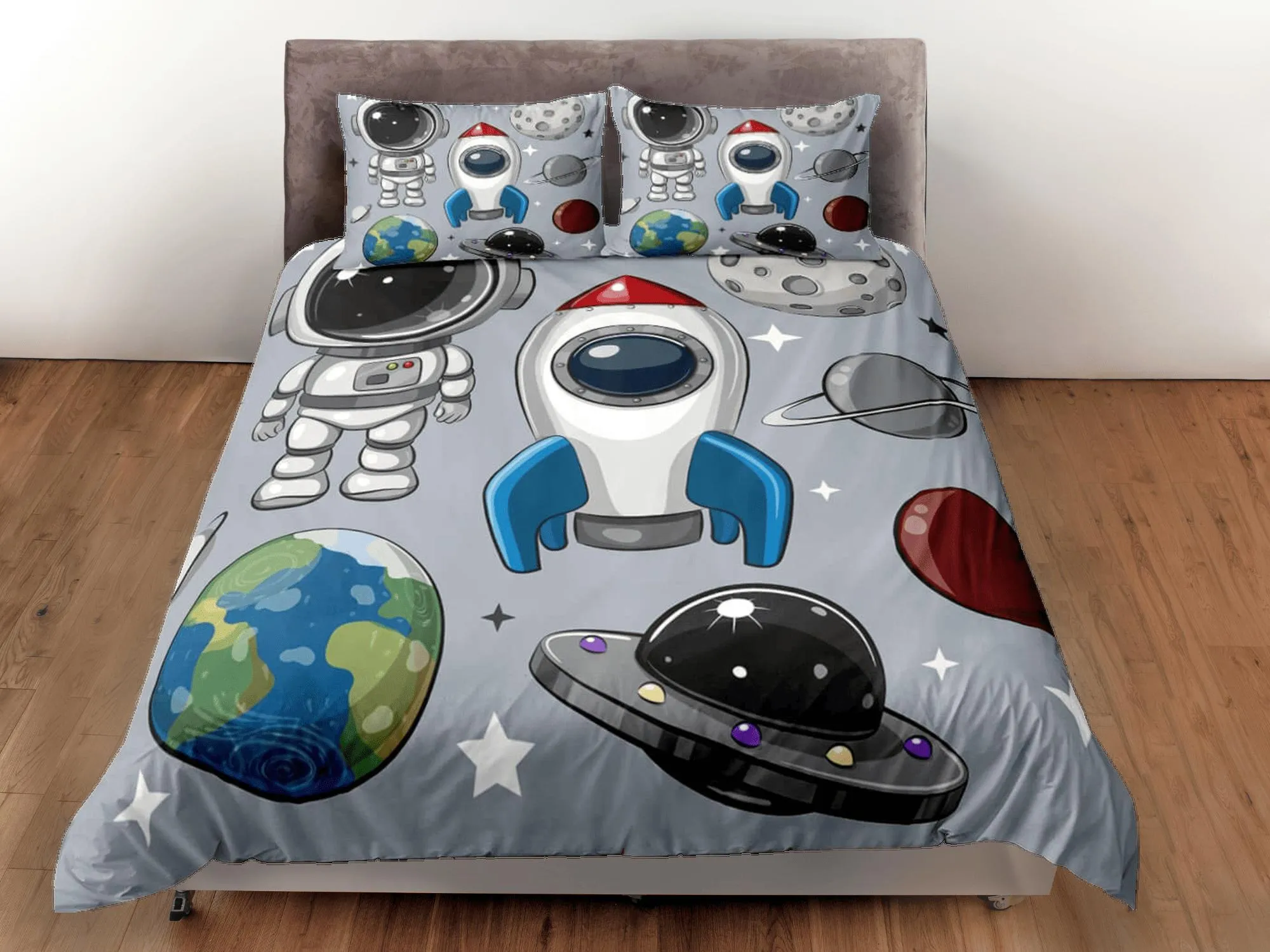 Spaceship, astronaut, planet duvet cover set for kids, galaxy bedding set full, king, queen, science dorm bedding, toddler bedding aesthetic