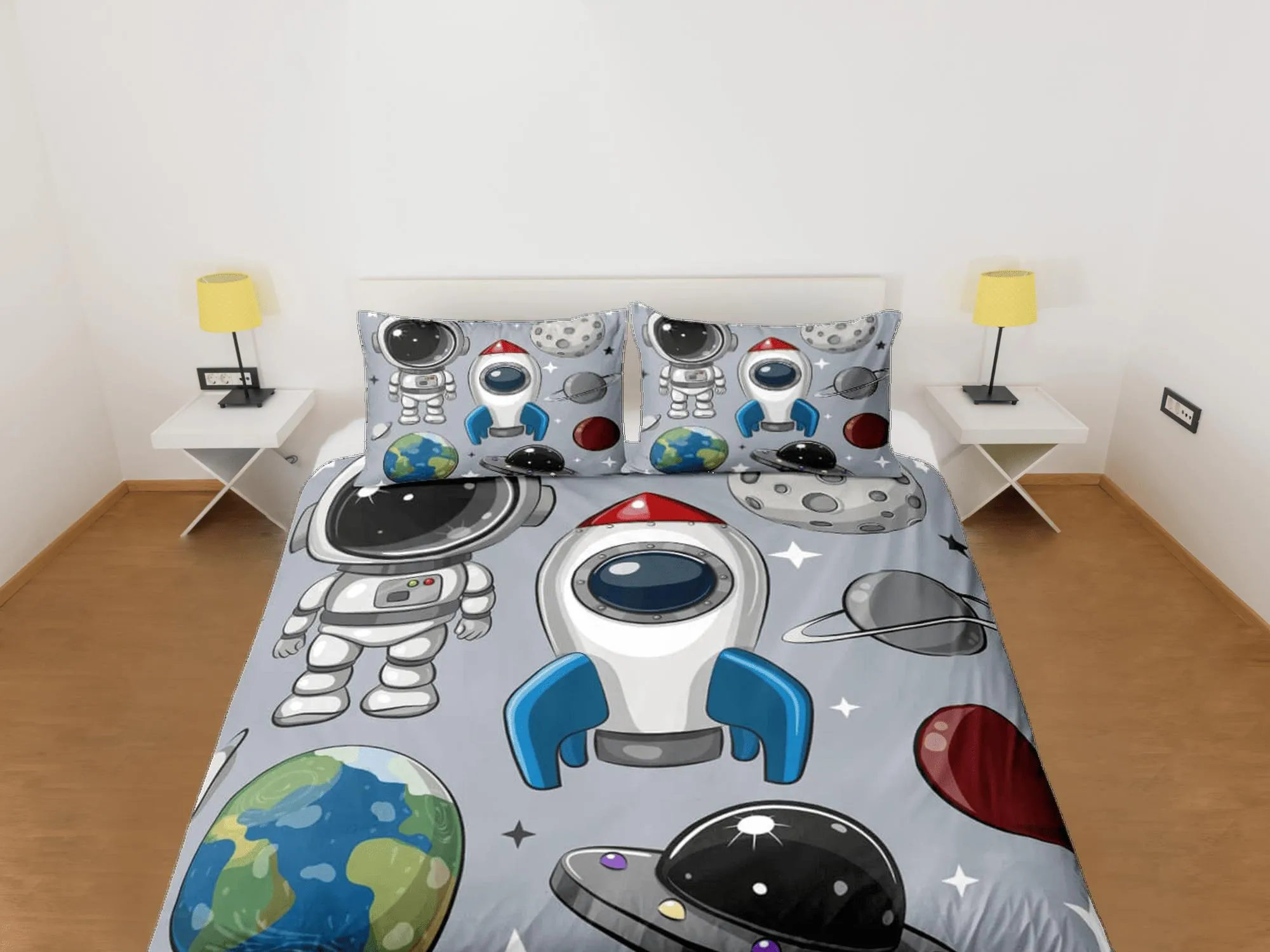 Spaceship, astronaut, planet duvet cover set for kids, galaxy bedding set full, king, queen, science dorm bedding, toddler bedding aesthetic