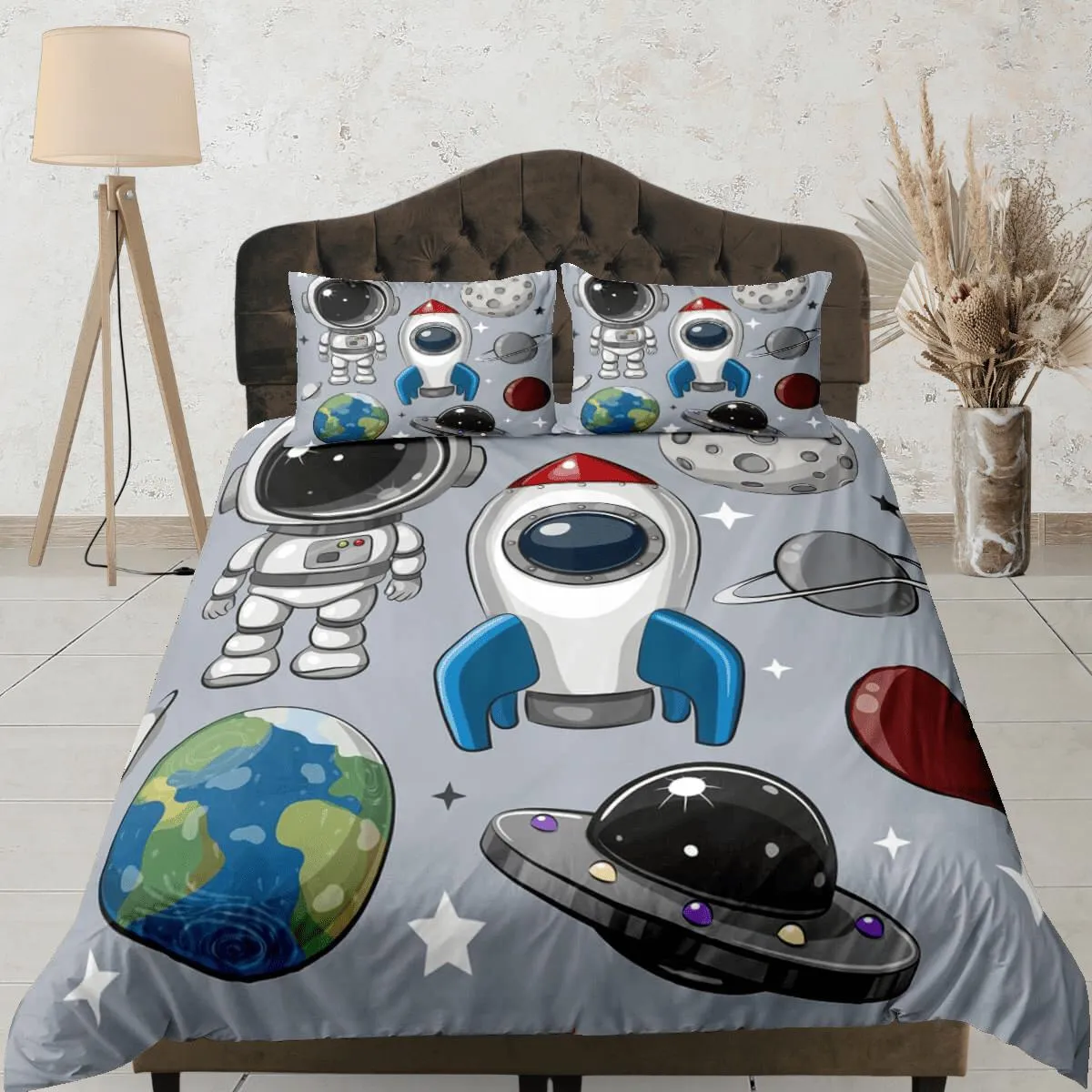 Spaceship, astronaut, planet duvet cover set for kids, galaxy bedding set full, king, queen, science dorm bedding, toddler bedding aesthetic