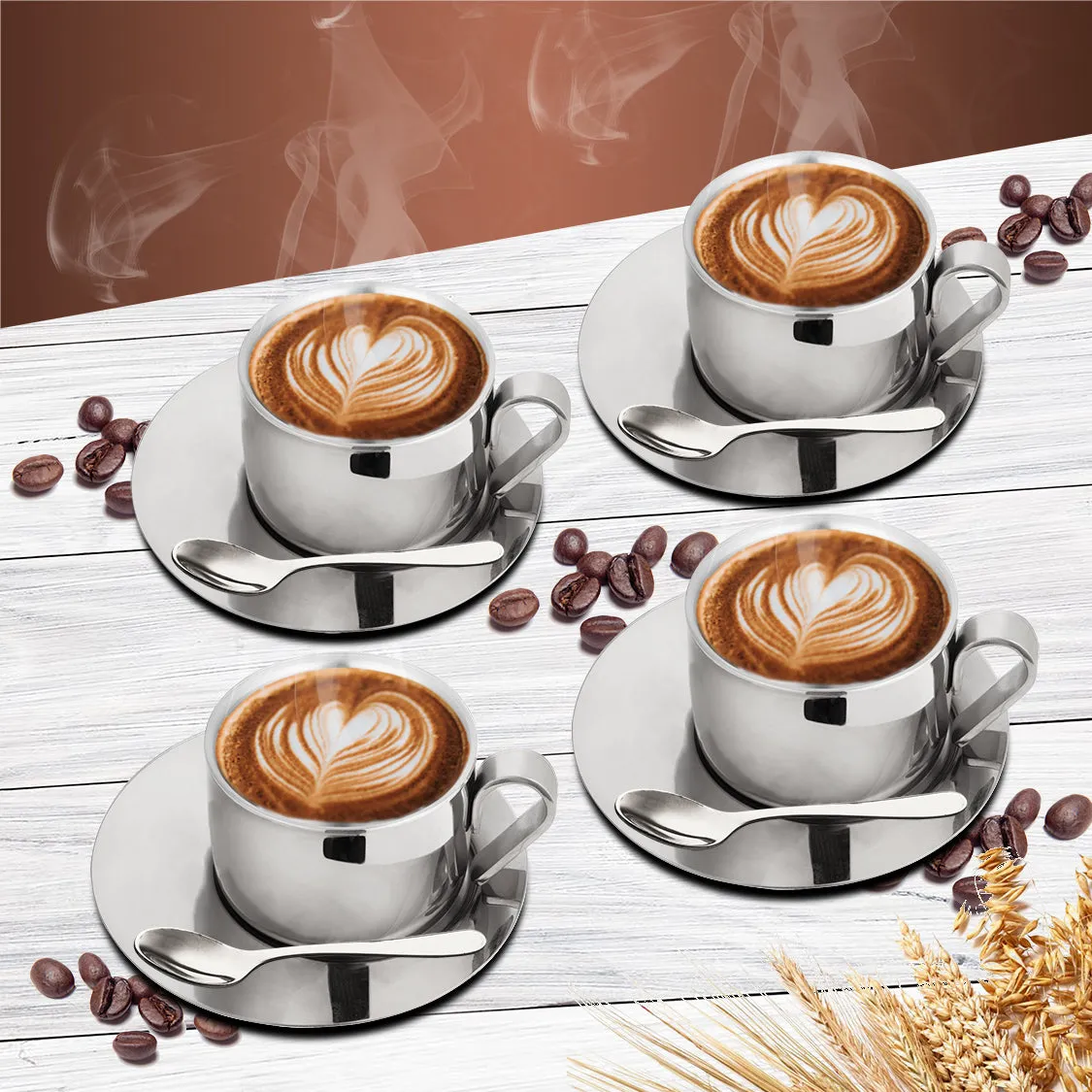 Stainless Steel 4 PCS Double Wall Cup and Saucer First Impression