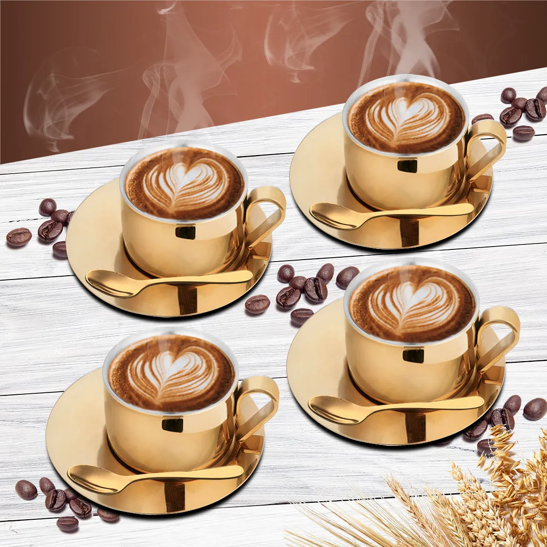 Stainless Steel 4 PCS Double Wall Cup and Saucer with Gold PVD Coating First Impression