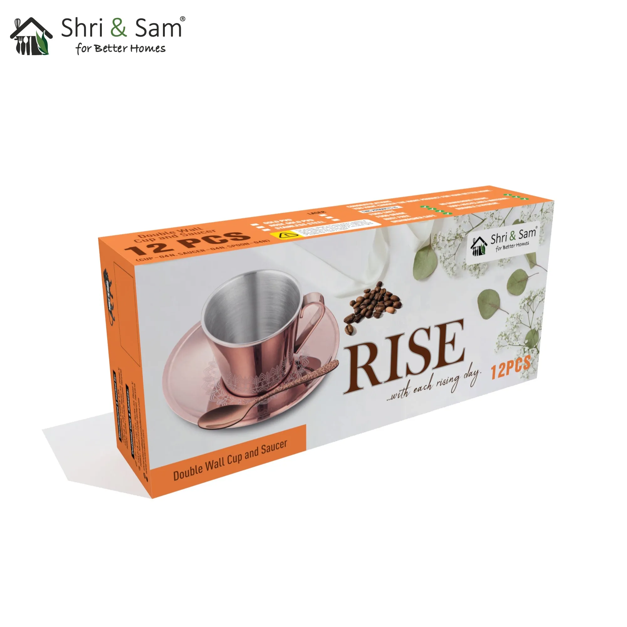 Stainless Steel 4 PCS Double Wall Cup and Saucer with Rose Gold PVD Coating Rise