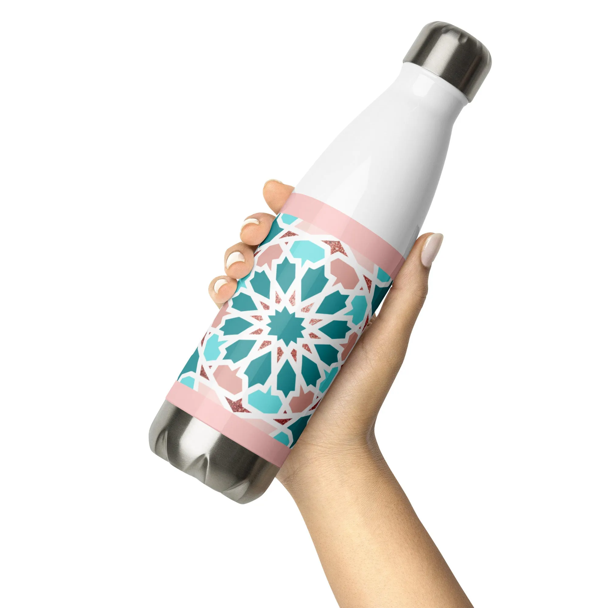 Stainless Steel Water Bottle - Arabian Geometric Pointed Star in Red Sea colors