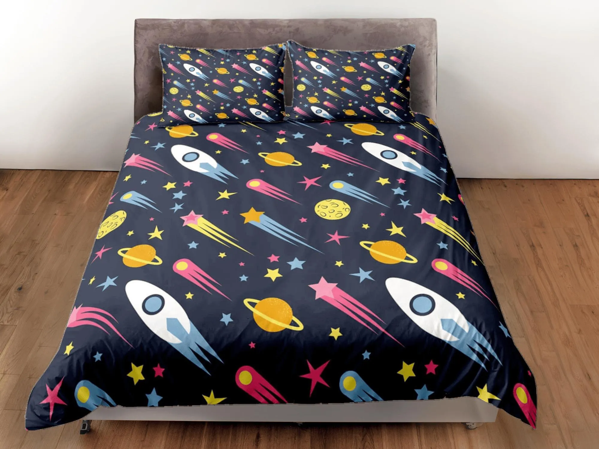 Stars and spaceships duvet cover set kids, galaxy bedding set full, king, queen, astronomy science dorm bedding, toddler bedding aesthetic