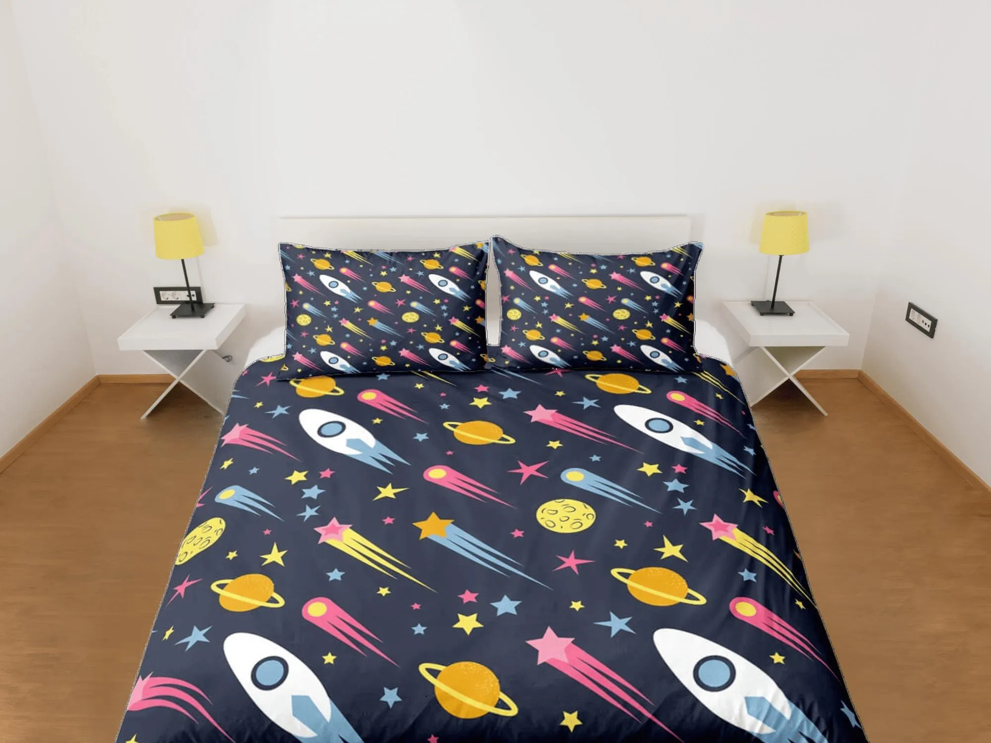 Stars and spaceships duvet cover set kids, galaxy bedding set full, king, queen, astronomy science dorm bedding, toddler bedding aesthetic