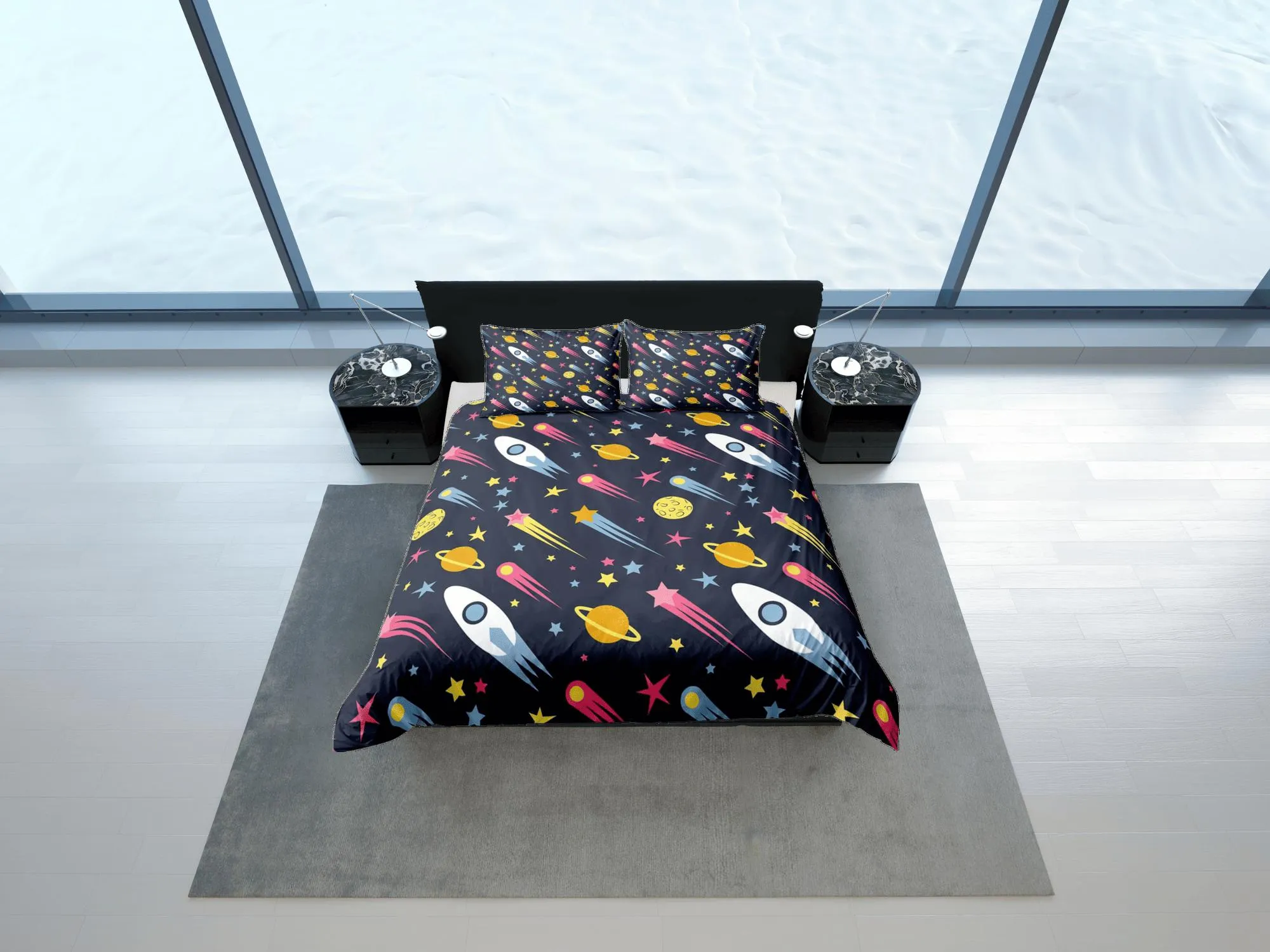 Stars and spaceships duvet cover set kids, galaxy bedding set full, king, queen, astronomy science dorm bedding, toddler bedding aesthetic