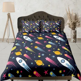 Stars and spaceships duvet cover set kids, galaxy bedding set full, king, queen, astronomy science dorm bedding, toddler bedding aesthetic