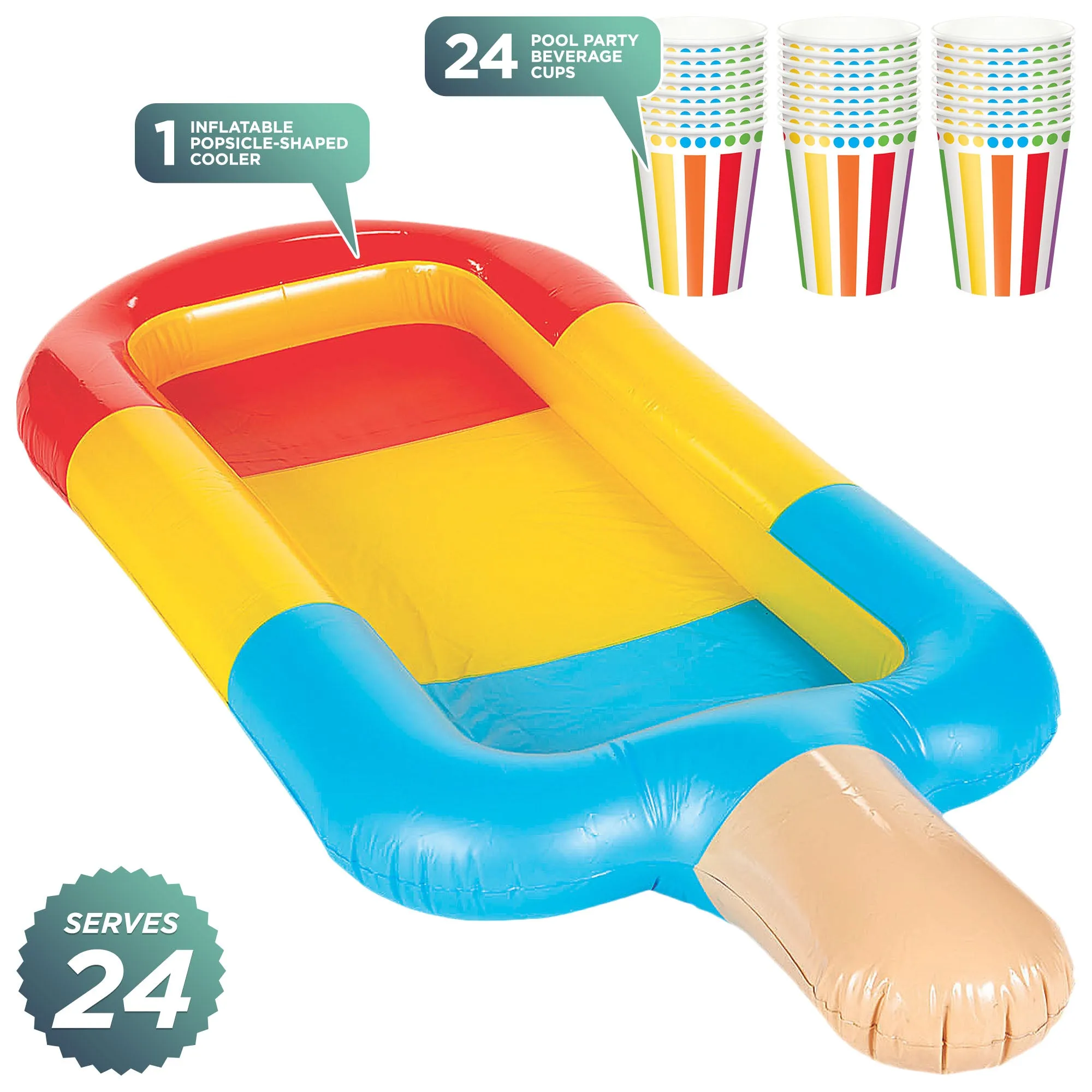 Summer Pool Party Inflatable Popsicle Shaped Cooler and Paper Beverage Cups for 24 Guests