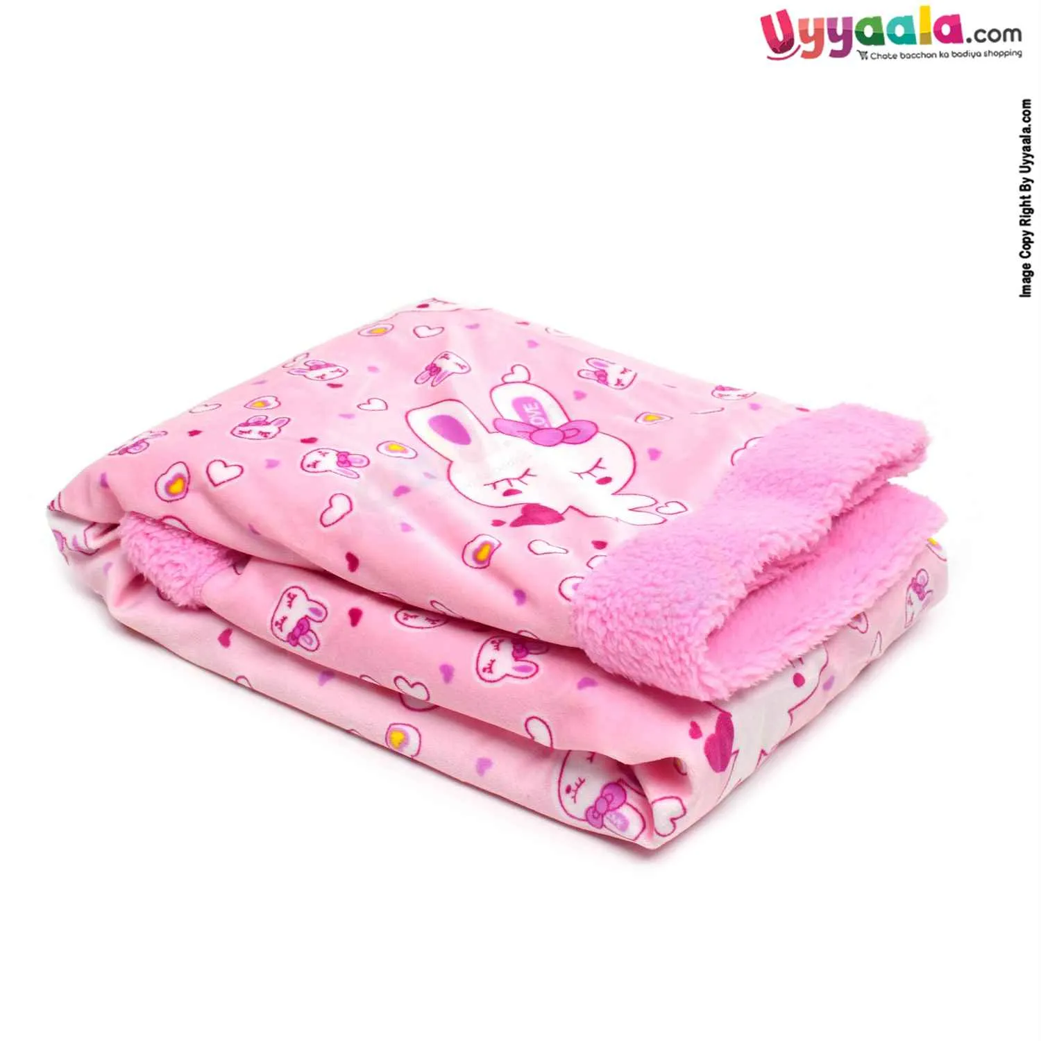 Super Soft Double Layered Blanket One Side Fur & Another Side Velvet with Border & Hello Print for Babies 0-24m Age, Size (102*80 Cm) - Pink