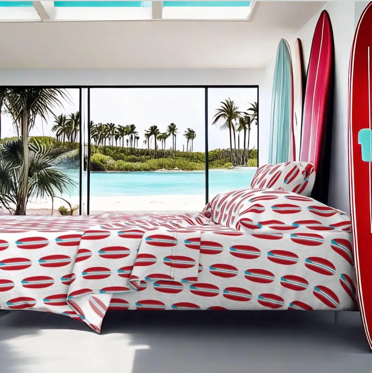 Surfer Red and Aqua Ocean Blue Classic Surfboards Sheet Set from Surfer Bedding™️ Medium Scale